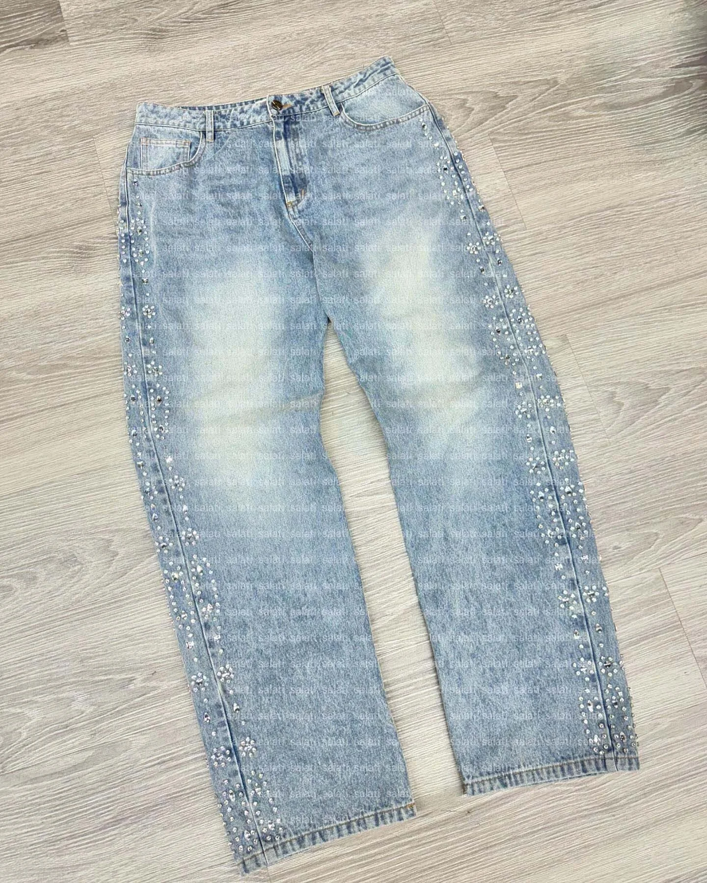 For Custom Glitter Oversized Mud Wash Cotton Vintage Distressed Rhinestone Straight Button High Waist Denim Jeans Men gallery 10