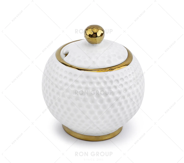 Custom Crystal Round Small Bottle Wedding Gold Rim Porcelain Canister Tableware Storage Ceramic Sugar Pot Candy Jar with Lid