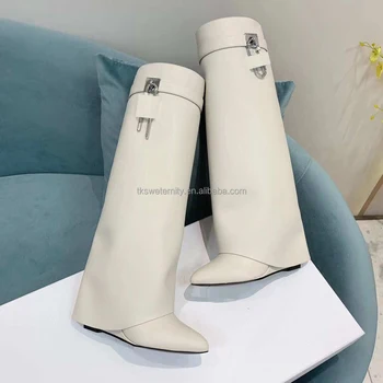 Calfskin Leather Boots Top Grade Knee High White Boots Shark Lock Metal Buckle Covered Wedge Heels Luxury Design Trouser Boots