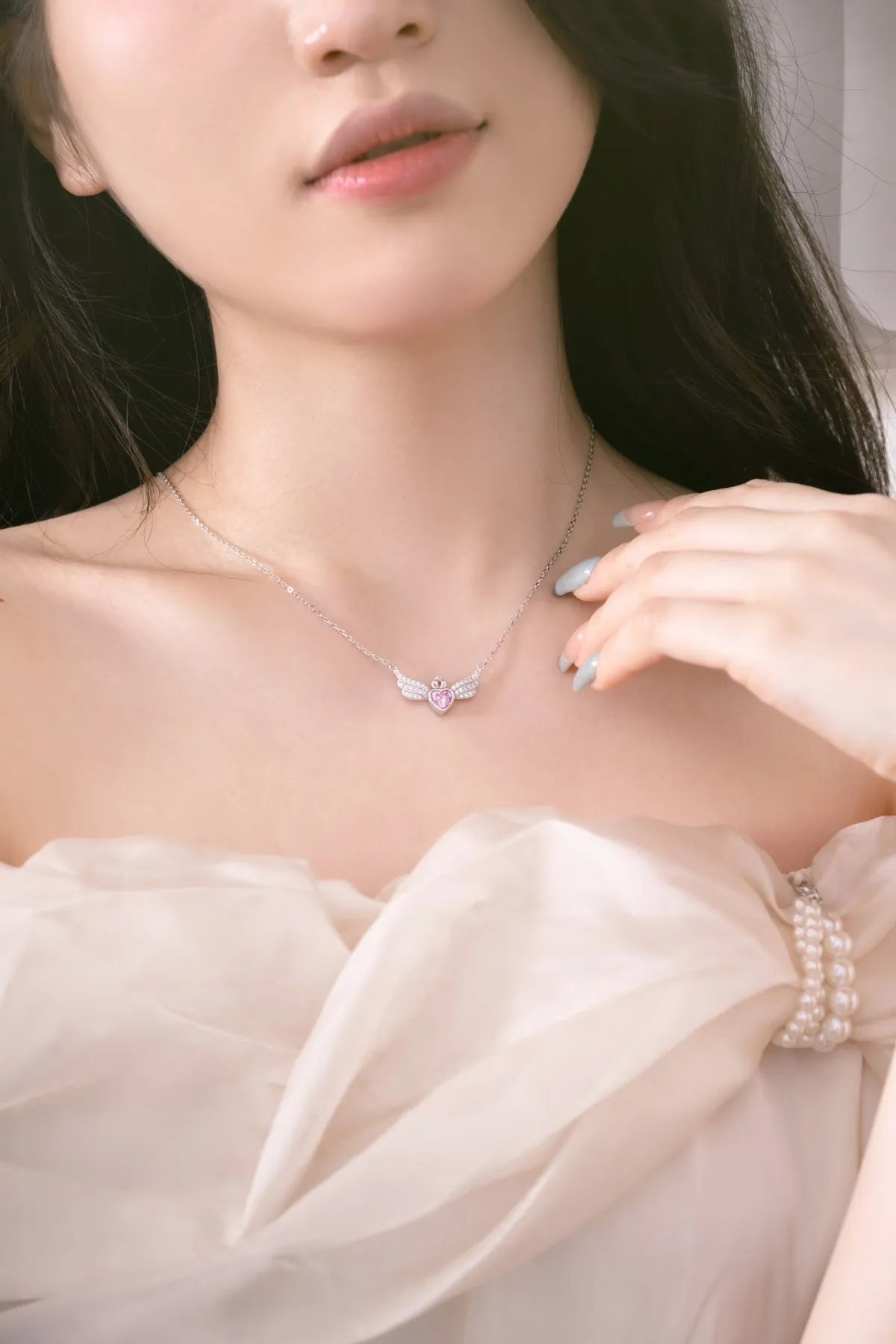 KAKODIY Luxurious Cute Pure 925 Sterling Silver Zircon Zirconia Necklace 18K Gold Plated Pink Heart Shape Horn Wings Pendant Women's Necklace detail 2