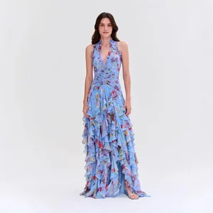 STOCK Two Colors Print V-NECK Ruffle Women Dress Backless Maxi Dress Trendy Beach Robe S-2XL