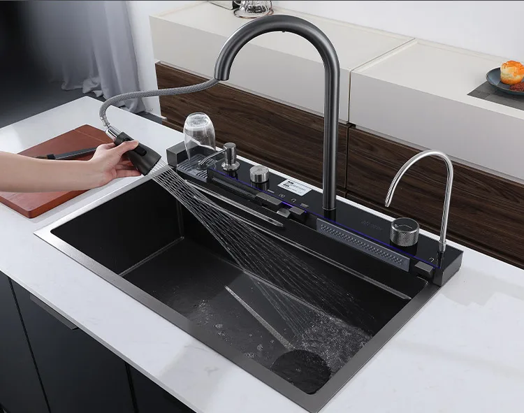 Smart Waterfall Kitchen Sink 304 Stainless Steel Sink Digital Display Large Single Slot Sink