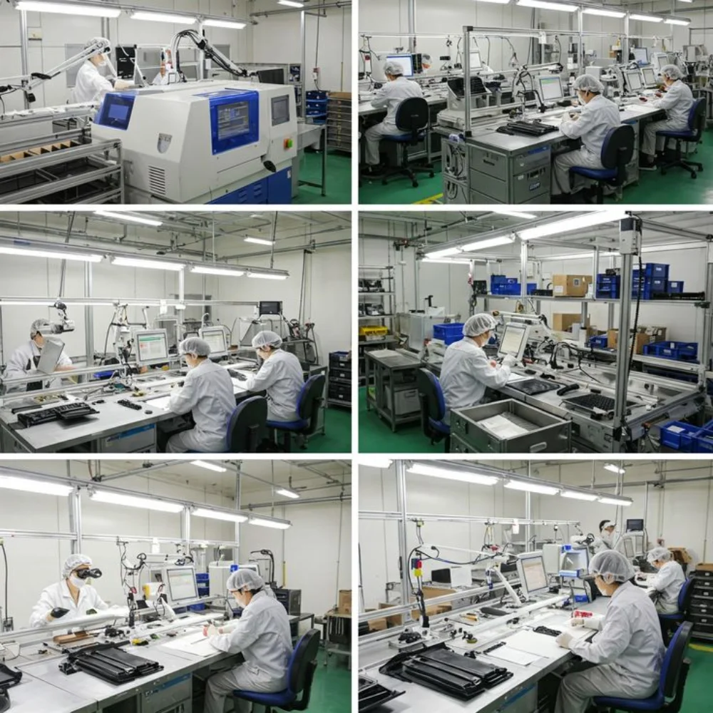 Certified technicians performing precise quality control inspections inside an electronics and cosmetic display stand manufacturing facility