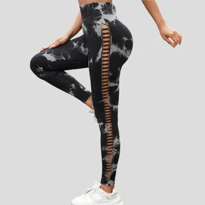New Side Hollowed-out Tie Dye Yoga Pants High Waist Seamless Hip Lift Tight Exercise Yoga Pants