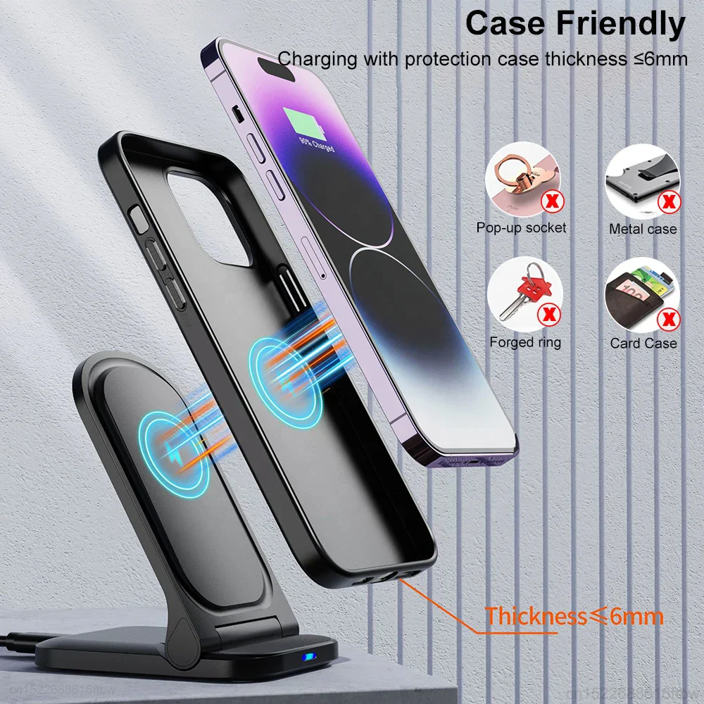 2024 15W HT-533 Foldable Charging Station Fast Charging Wireless Charger  Stand for iPhone 15 14 13 12 11 Pro Max for samsung
