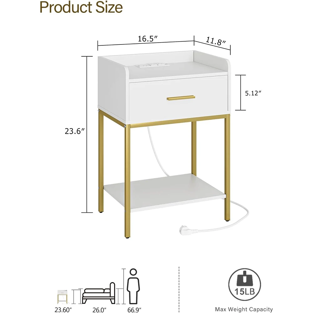 product nightstand charging station 3 tier modern wooden  metal bedside storage drawer shelf small end side table for apartment bedroom-1