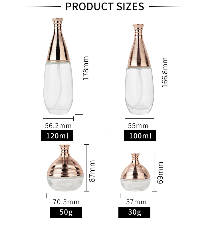 30g 50g 100ml 120ml luxury skincare packaging clear cream jar bottle lotion pump cosmetic glass bottle set with gold cap manufacture