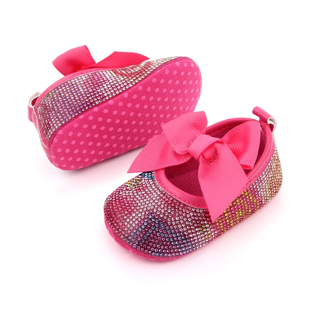 Baby Girls Solid Color Big Bow Rhinestone Pattern Infants Soft Soled Princess Walking Shoes factory