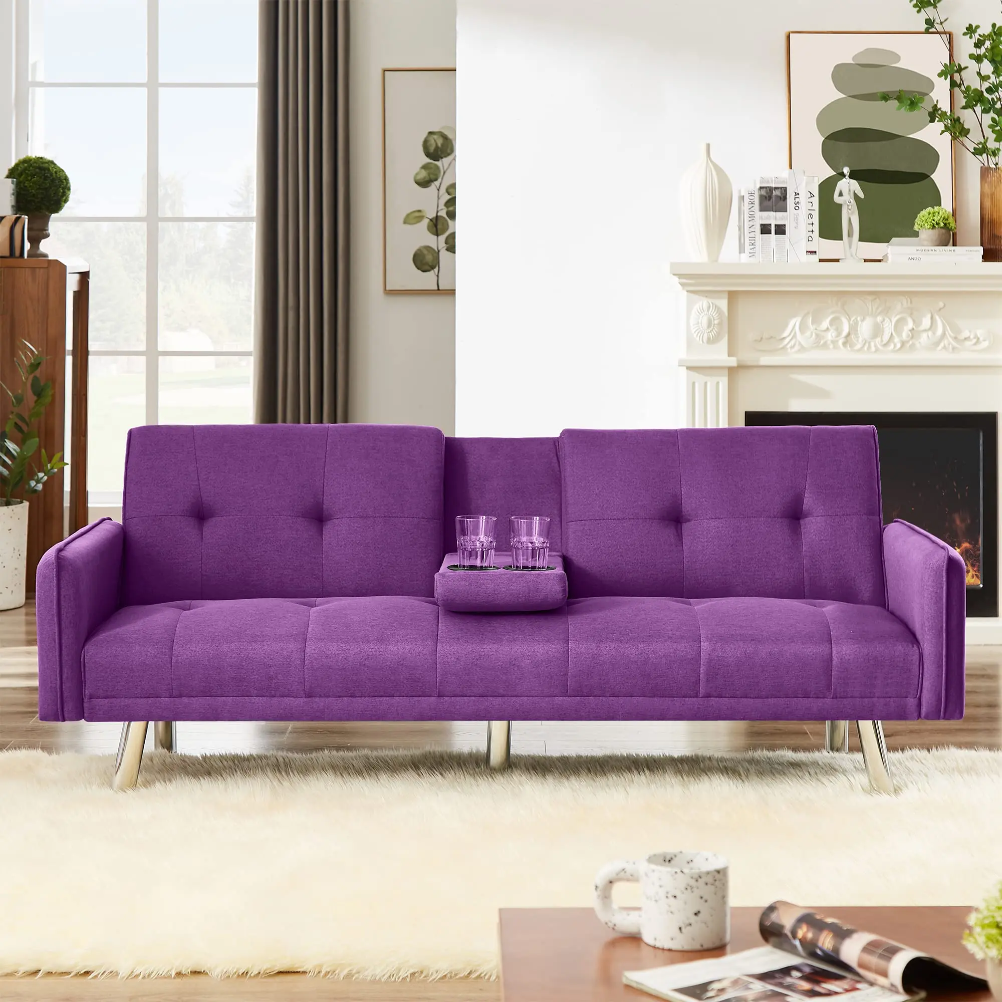 Canapé-lit Convertible En Tissu Violet - 220cm - Avec Coussins
