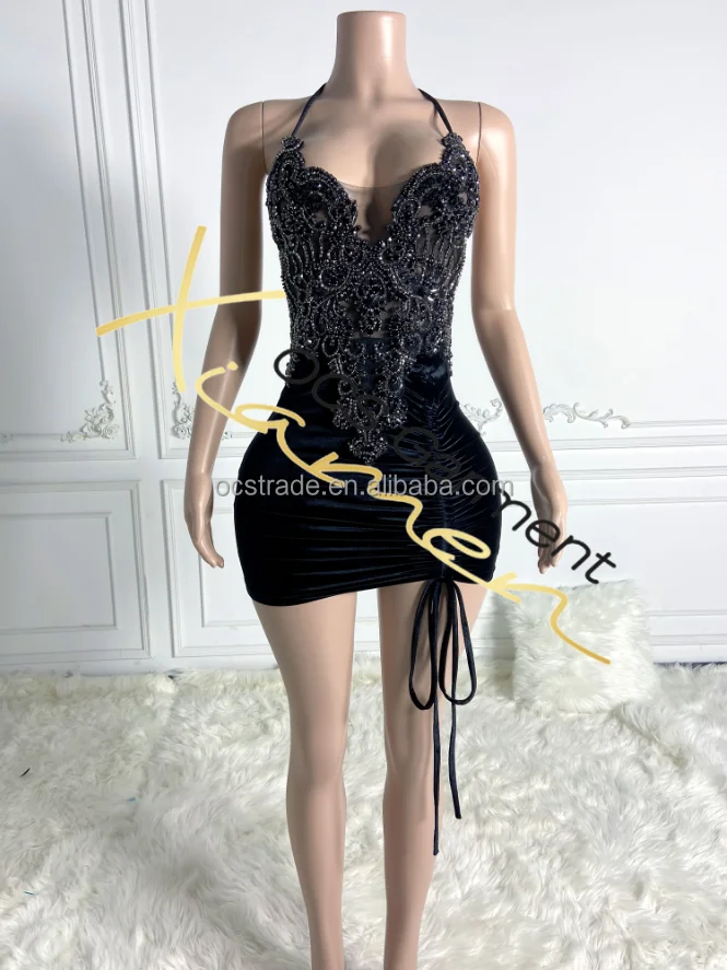 Ocstrade Irregular Silver Diamond Halter Neck Party Dress