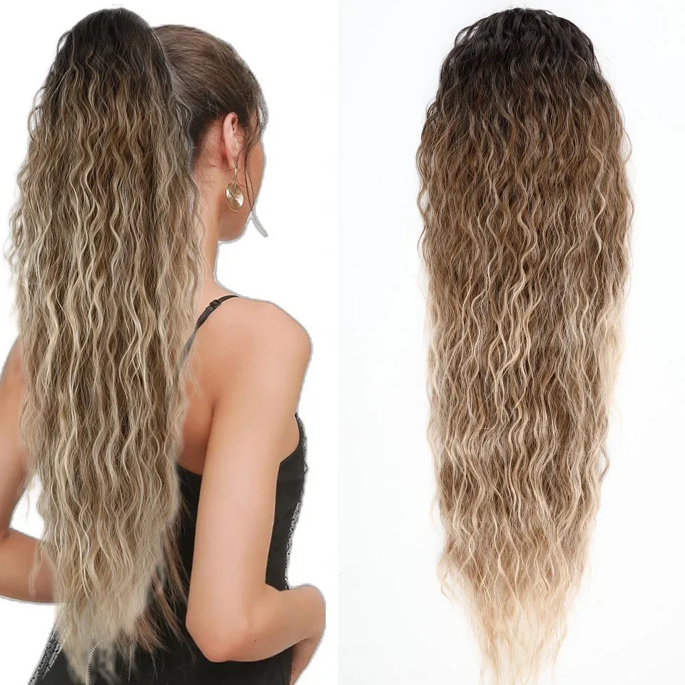 Water Wave Drawstring Ponytail Hair Extensions 170g 26in Curly Pony tail Natural Black Color 100 Brazilian Remy Human Hair 1B_voghion.com