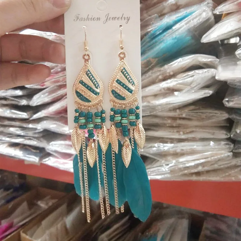 Ethnic Boho Style Colorful Drop Long Real Feather Pendant Bohemian Earrings Jewelry for Women
