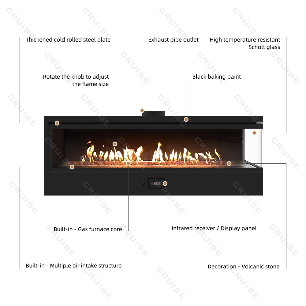 CRUISE Intelligent Remote Control 915x483x534mm Double Row Flame Double-Sided Transparent to See Fire Decorating Gas Fireplace