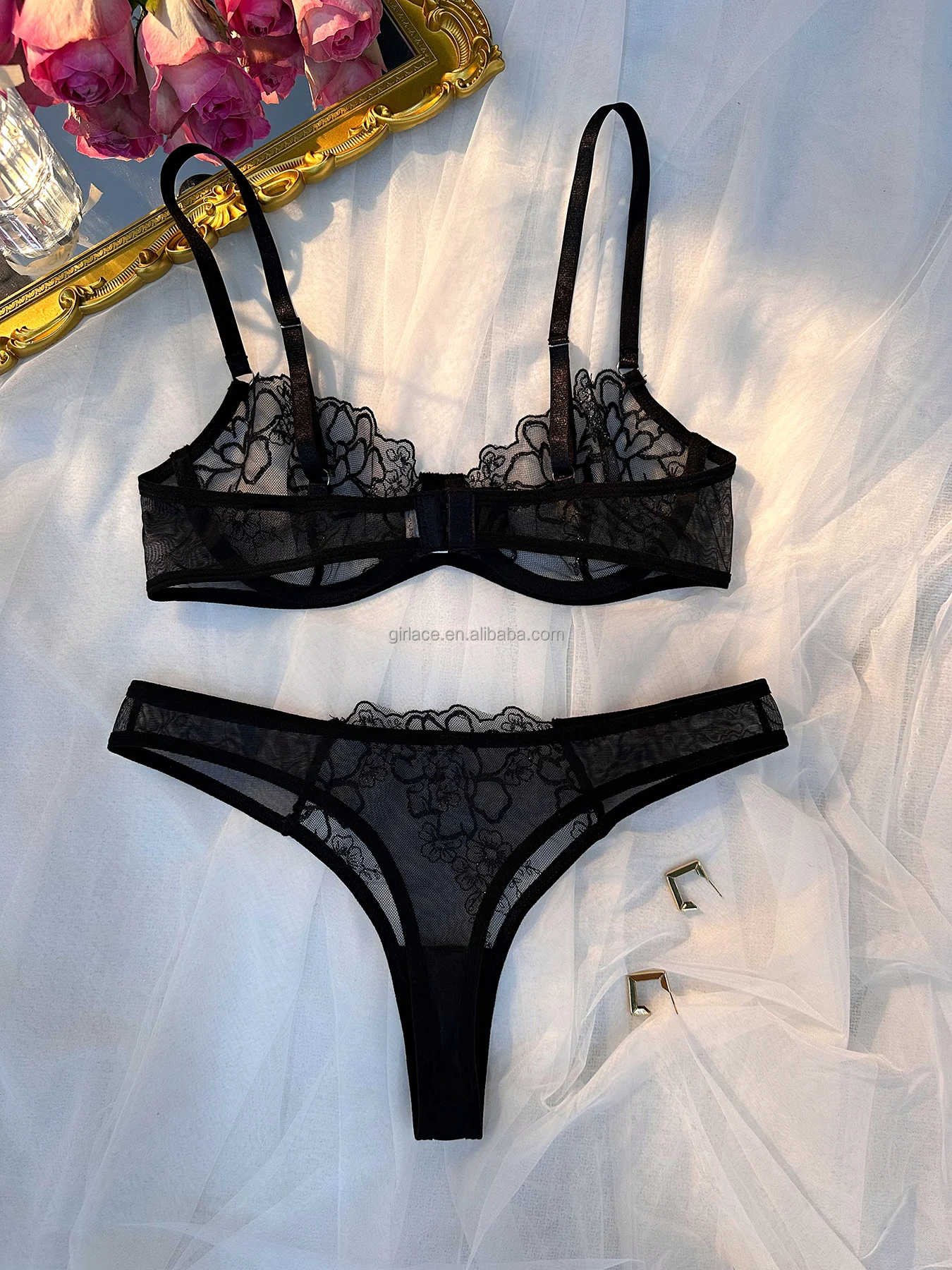 Alibaba.com: Black lace lingerie set with floral embroidery, women's ...