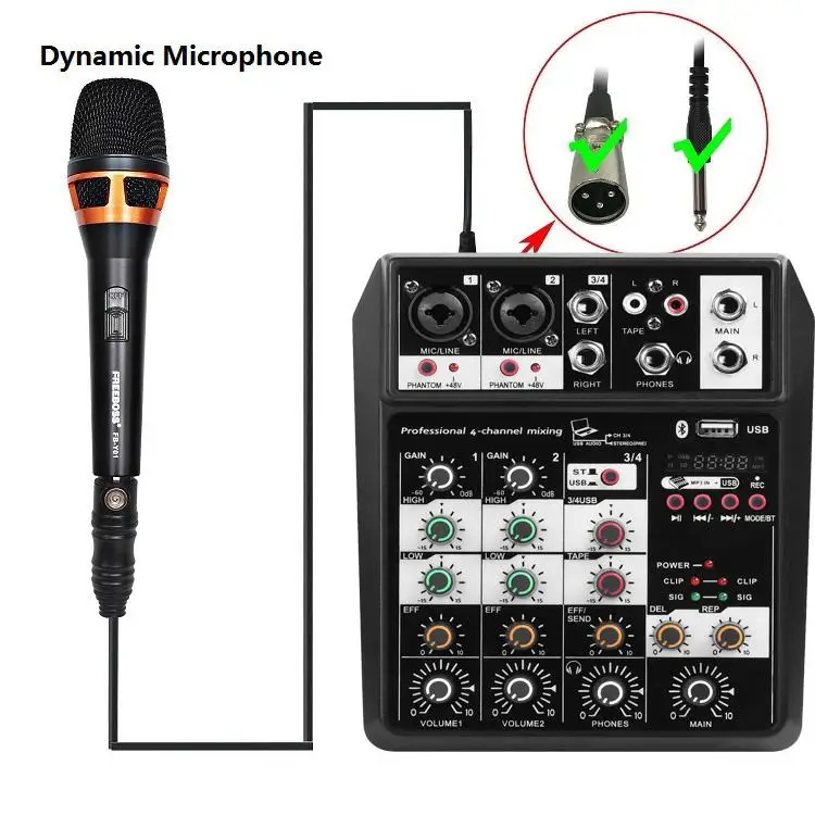 Professional 4-Channel Portable USB Audio Interface Mixer for Bluetooth Sound Mixing Console for Video & Lighting Blue Mobile