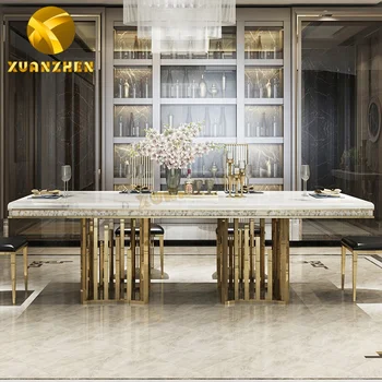 Metal furniture sets factory gold stainless steel dinning table marble dining table set modern dining table with 10 seaters