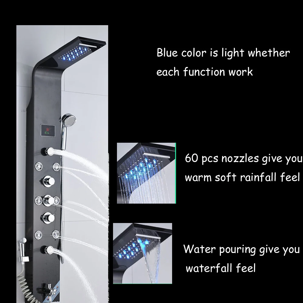 LED Light Shower Faucet Waterfall Rain Black Shower Panel in Wall Shower System with Spa Massage Sprayer Bidet Head Handshower