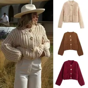 Loose Women's Sweaters Coarse Needle Pocket Button Knit Cardigan Long Sleeved Sweater Jacket
