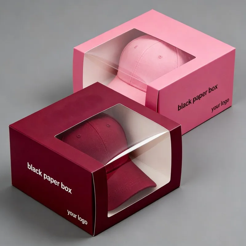 Billig anpassad tryckt kvadratisk baseballhuvudbonadsförpackningslåda, partihandelslåda för stora baseballhuvudbonadsförpackningar med fönster, hattlåda