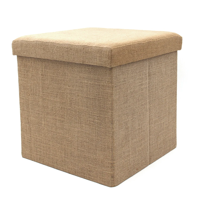 Factory Wholesale Fashion Modern Home Furniture Promotion Wholesale Linen Jute Cube Foldable Storage Pouffe Ottoman Footstool