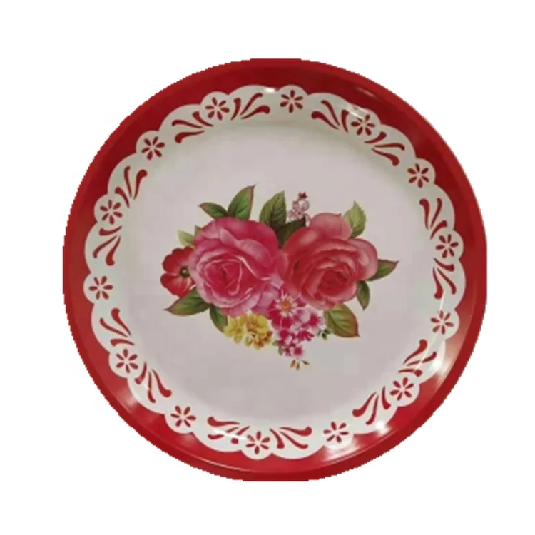 High Quality Tableware Iron Metal Printed Flower Round Tray Dinner Plate