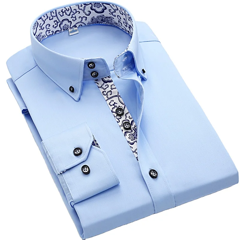 Spring and Autumn Pure Cotton Solid Color Collar and Cuff Contrast Slim Fit  Dress Formal Shirt for Men