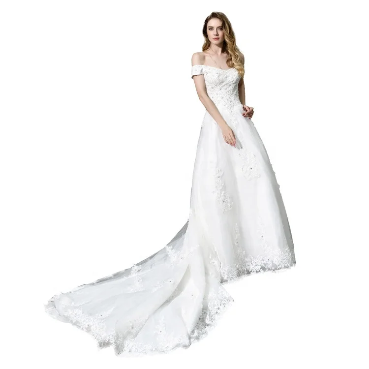 off the shoulder applique wedding dress