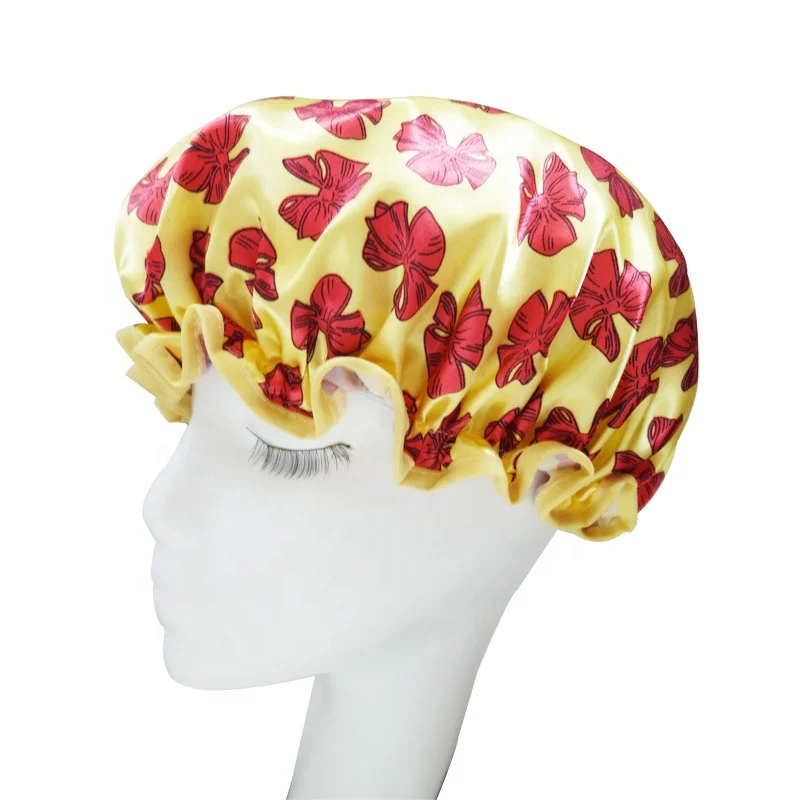 Custom Print Large Xl Double Layer Satin Lined PE EVA Waterproof Shower Cap for Women