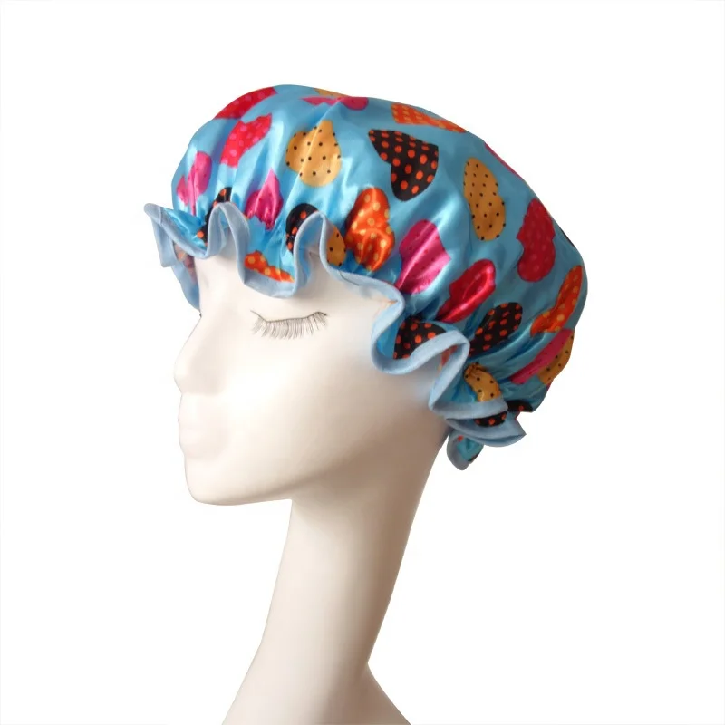 Custom Print Large Xl Double Layer Satin Lined PE EVA Waterproof Shower Cap for Women