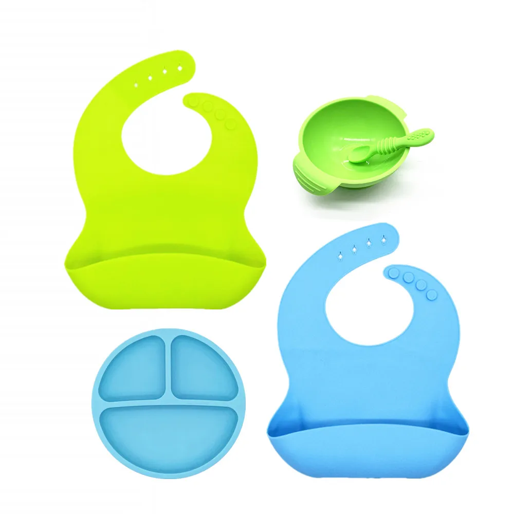 BHD Hot Selling Silicone Baby Feeding Set Baby Bib Silicone Plate Spoon and Baby Bowl