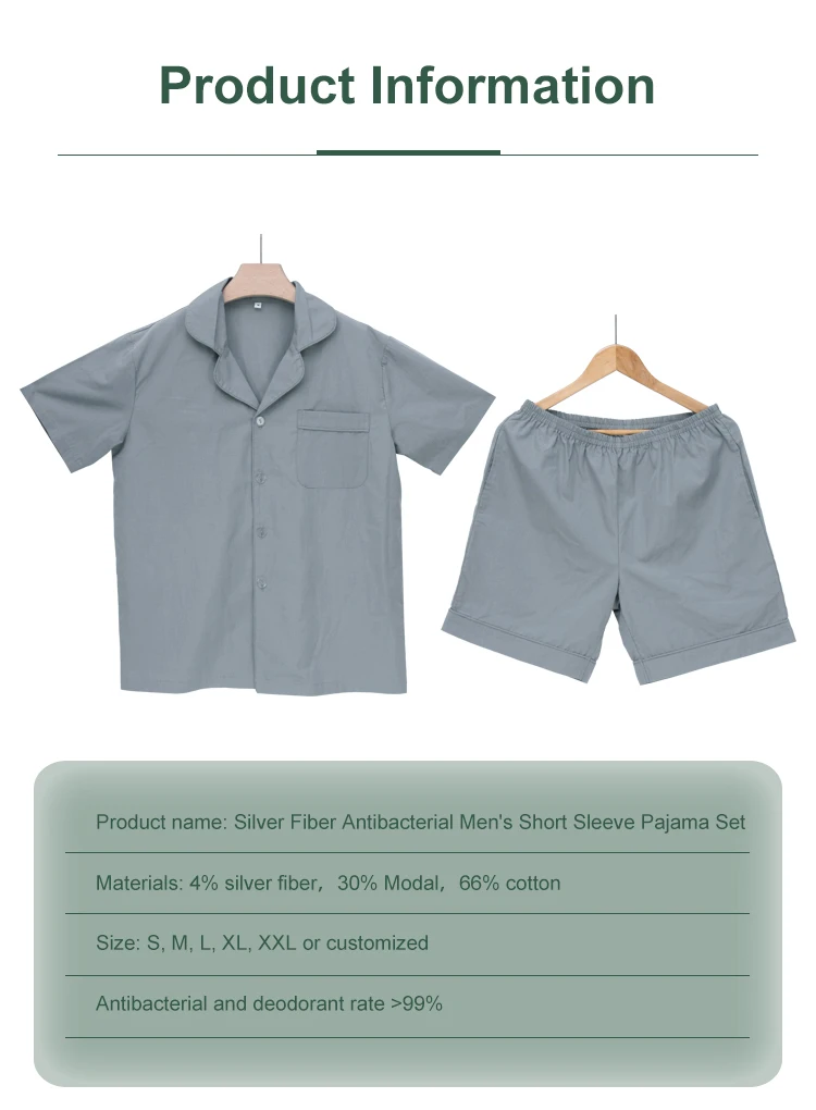 Custom logo soft anti-odor sleepwear pure silver fiber men short pajamas set