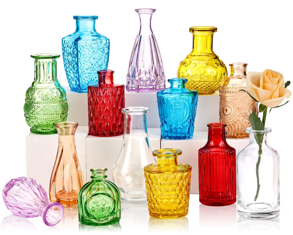 24pcs Small Amber Bulk Colored Ribbed Glass Flower Bud Vase,Amber Glass