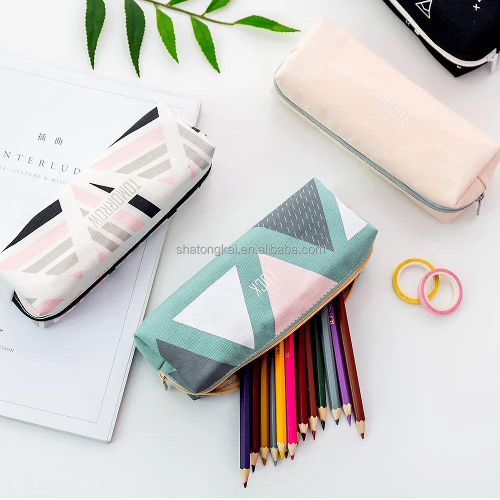 Grid Pencil Pouch Flower Plaid Korean Creative Small Fresh Large Capacity  Ruler Bag Simple Literary Canvas Pen Case Eraser Box