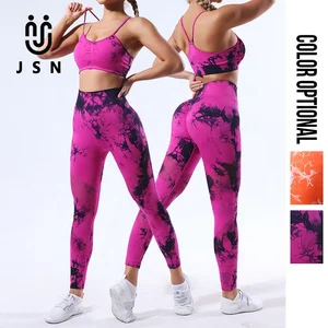 JSN Quick Drying Sexy Tie Dyed Sportswear Seamless Yoga Set Hip Lifting Tight Yoga Pants Set