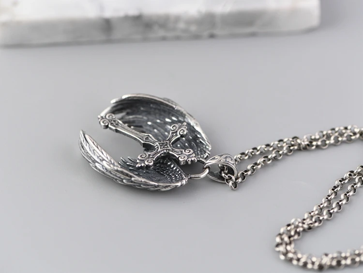 Authentic Chaoren Cross Retro Wings Feather Necklace S925 Sterling Silver Pendant for Men Women Hip Hop Style Fashion Jewelry