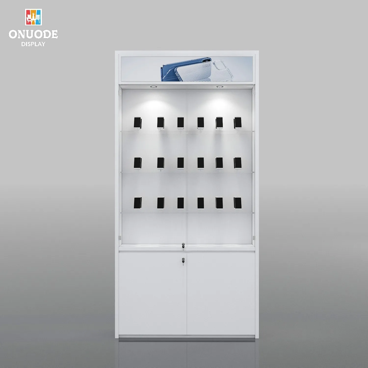 Customized New Design LED Lighting Wall-Mounted Glass Display Cabinet Retail Optical Shop Counter Cell Phone Showcase for