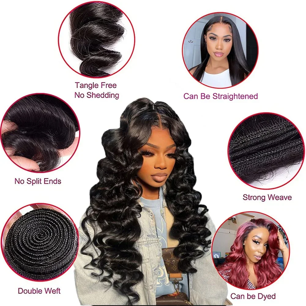 Extensions de tissage en cheveux humains malaisiens Loose Wave 30 pouces 1/3/4 pièces pour femme noire_voghion.com