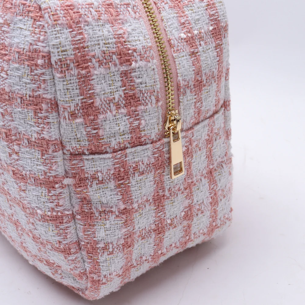 Keymay New Design RTS Stock S M L Xl Navy Blue Light Blue Black Nude Pink Cute Women Plaid Makeup Bag Checkered Cosmetic Bag