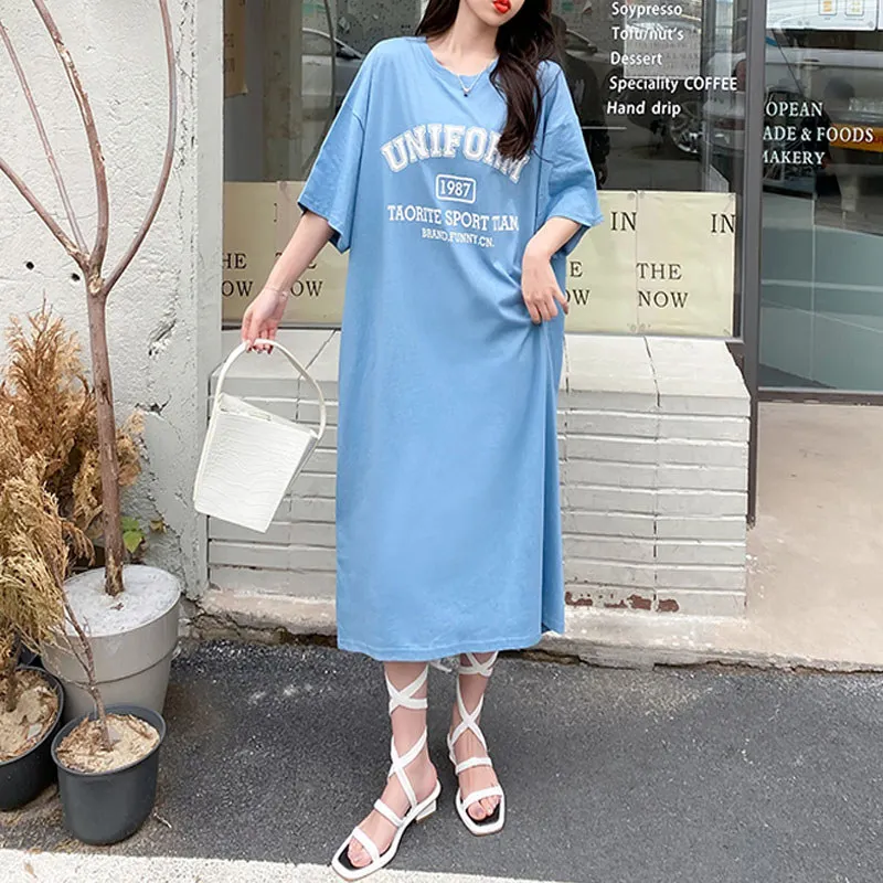 In Stock Summer Korean Midi Dress Womens Loose Long Tee-shirt Casual Cotton  Oversized Letter Print t Shirt Dresses
