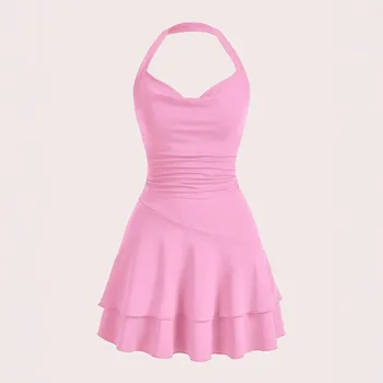Fashionable Pink Cute Halter Mini Dresses for Women Summer Sexy Club Party Backless Short Sundress