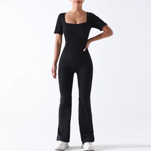 Running Training Tracksuit Set Wide Leg Pants Yoga Jumpsuit Bodysuit for Women