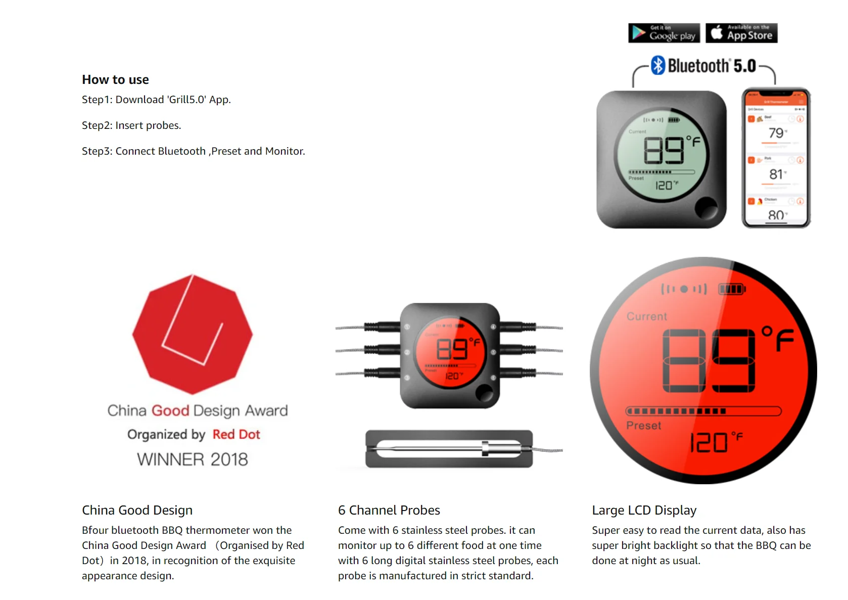 Bfour 300ft Smart Bluetooth Digital Cooking Wireless Meat Thermometer