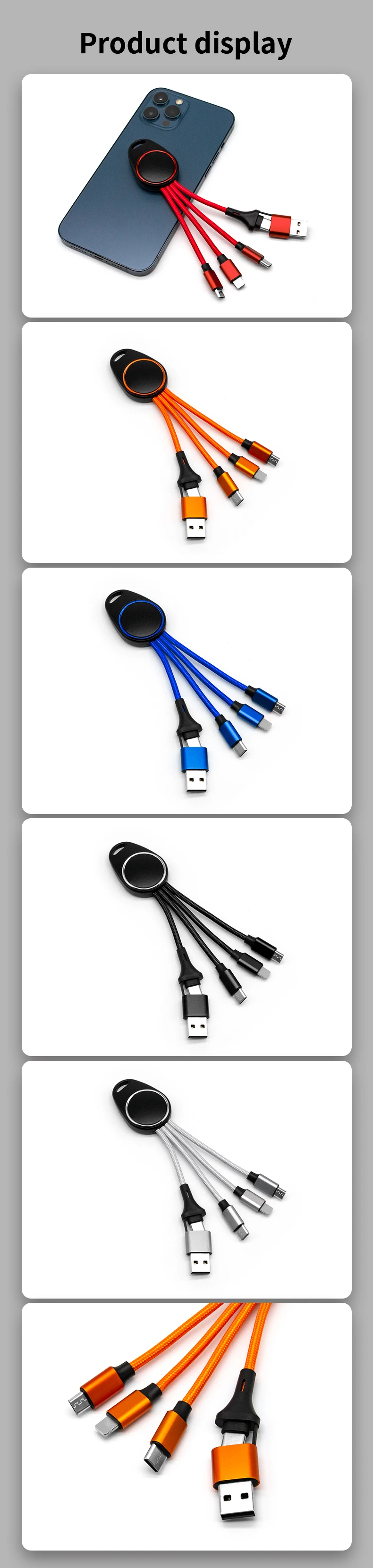 Promotional Braided 5 in 1 Logo Engrave USB Cable For Keychain Luminous LED Light Micro USB Type C Mini Fast USB Charging Cable