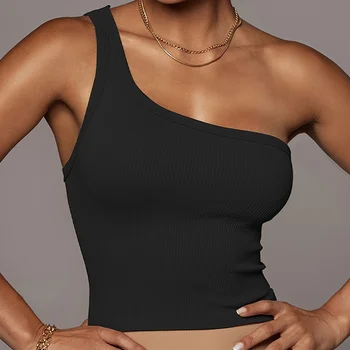 Wholesale Casual Black Skin Tight Sexy One Shoulder Tank Top Solid Color Bottom Wrap Chest Sleeveless Crop Top T-Shirt For Women