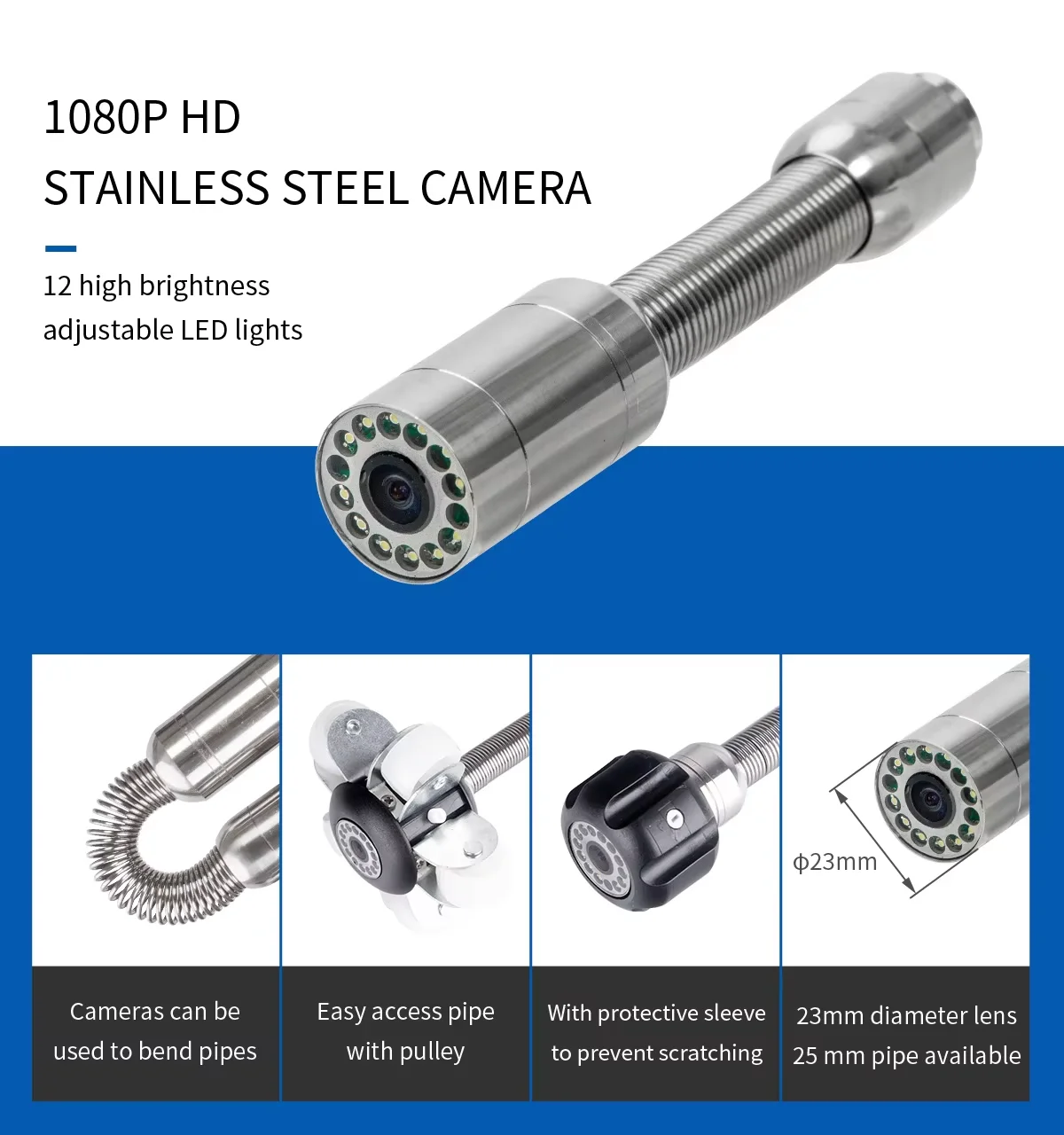 9Inch Drain Pipe Inspection Sewer Camera  512HZ Sonde Self Leveling Industrial Endoscope 23 mm Head Sewer Pipe Camera with Locator