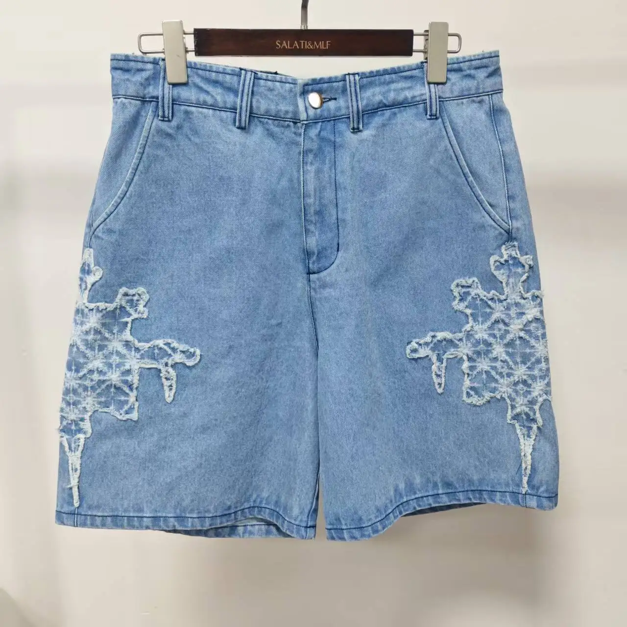 Wholesale Custom Logo Light Blue Cotton Denim Embroidered Distressed Baggy Wide Leg Streetwear Summer Wear Men Denim Shorts gallery 7