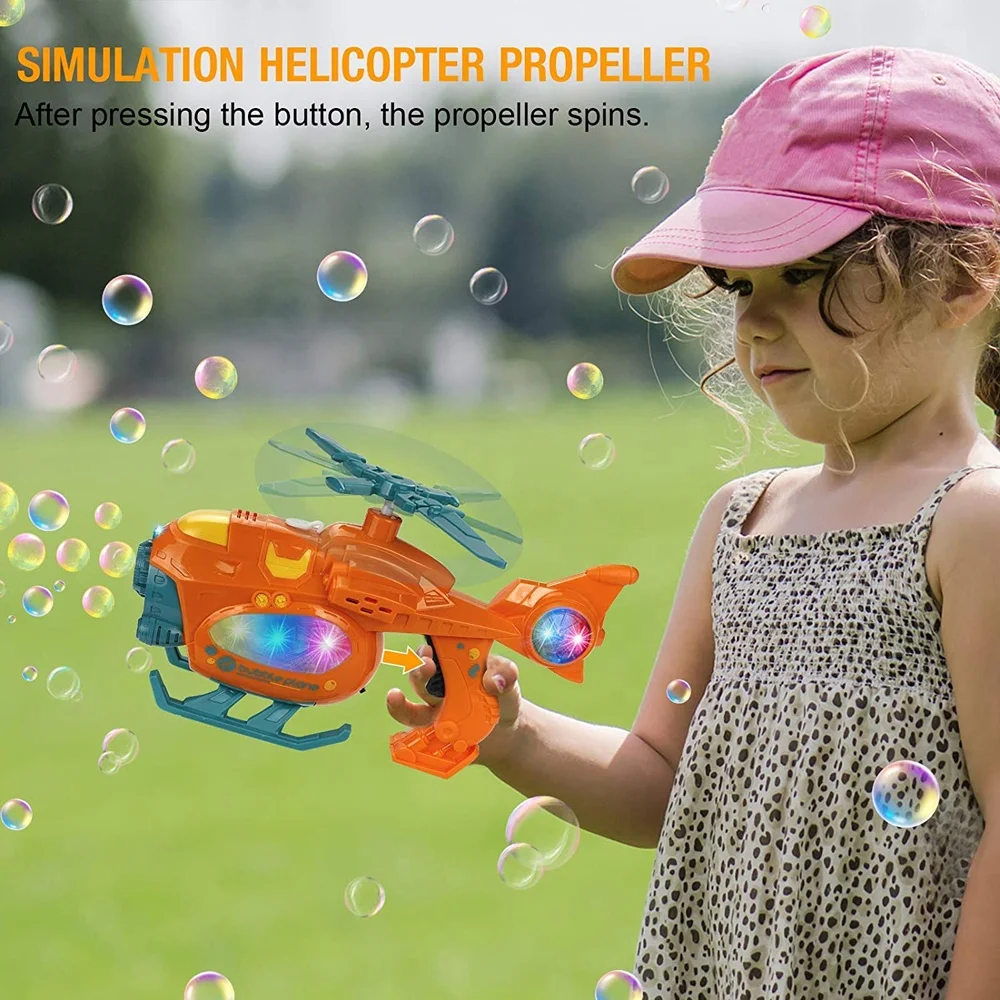Electric Hand Held Helicopter Shape Soap Bubble Machine Bubble Gun Toy for Kids Summer Outdoor with Music and Lights