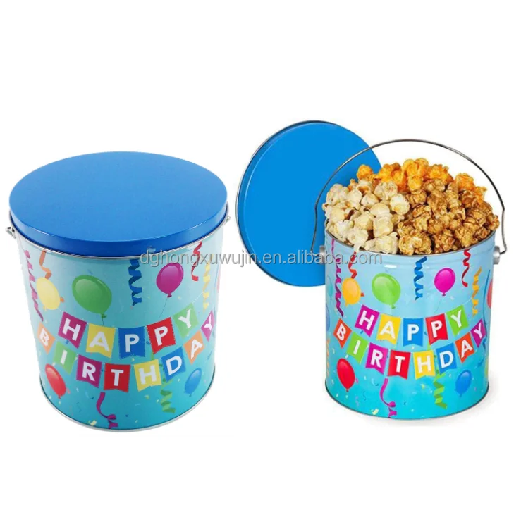 Customized Printed 2 Gallon Large Round Christmas Popcorn Tins Bucket Delicate Promotional Metal Popcorn Packaging Tin With Lid