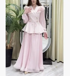 Women's Elegant Flower Mesh Jacket Blazer Long Skirt Set Luxury Fashion Two-Piece Summer Outfit Pleated Casual Plain Dyed