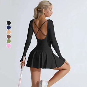 Custom Logo Beautiful Back Long Sleeved Tennis Dress Breathable Golf Badminton Dresses Womens Outdoor Running Fitness Tracksuits